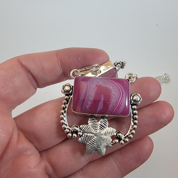 Handmade Purple Agate Necklace with Sterling Silver Artisan Geometric Jewelry - Picture 9 of 10